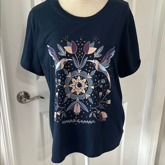 Lucky Brand Dark Blue Folk Doves Short Sleeve Tee NWOT - Picture 1 of 10